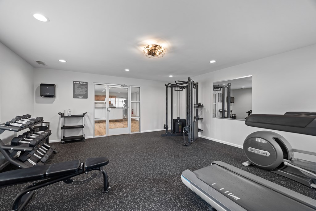 A gym with a variety of equipment including treadmills, weights, and a television.