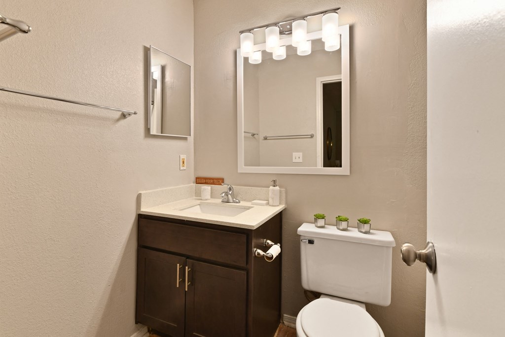 a bathroom with a sink toilet and mirror at 300 Riverside Apartments, Georgia
