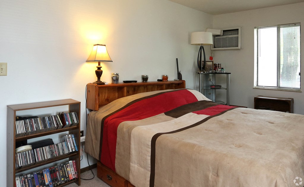 a bedroom with a bed and a shelf with dvds