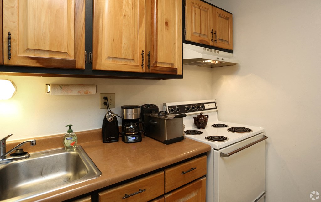 a kitchen with a stove and sink and wooden cabinets