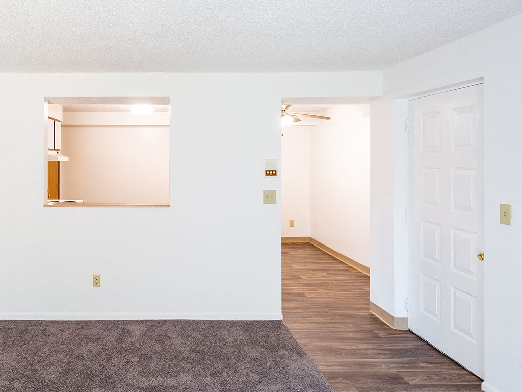 an empty living room and hallway with a white door and a carpet