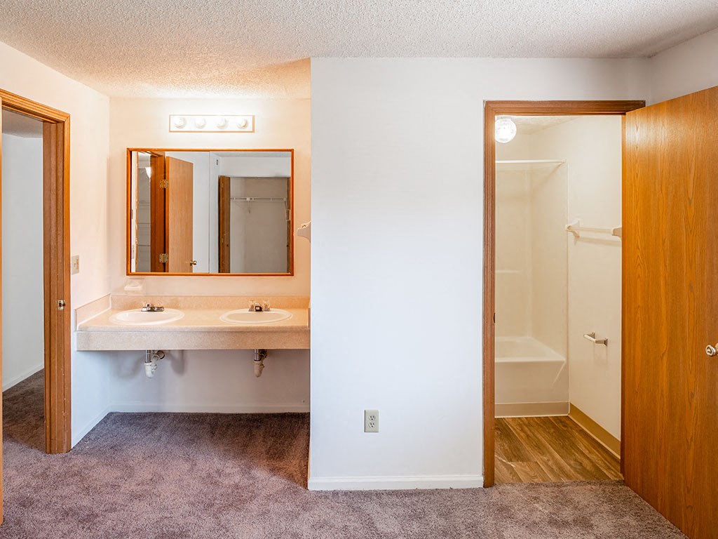 a bathroom with two sinks and a mirror