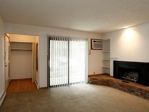 a living room with a fireplace and a sliding glass door