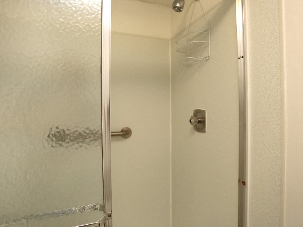 a shower in a bathroom with a glass door