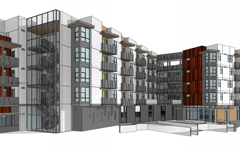 A 3D rendered image of a modern multi-story building.