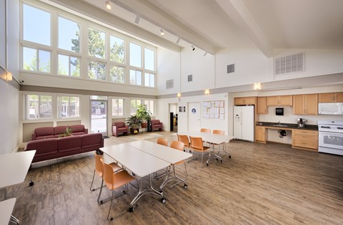 A large open plan living and kitchen area with a dining table and chairs.