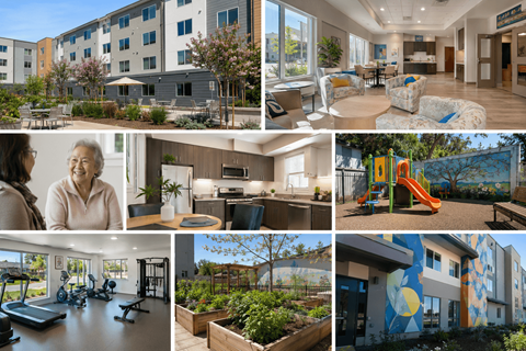 A collage of images showcasing a modern apartment complex with amenities such as a gym, fitness center, and outdoor spaces.