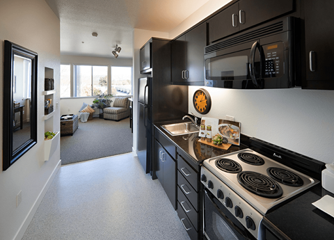 A black and white kitchen with a stove top oven.