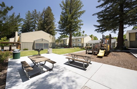 A playground with a slide and picnic tables.