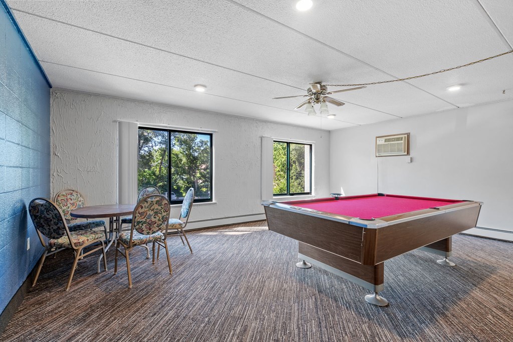 a game room with a pool table and a dining table