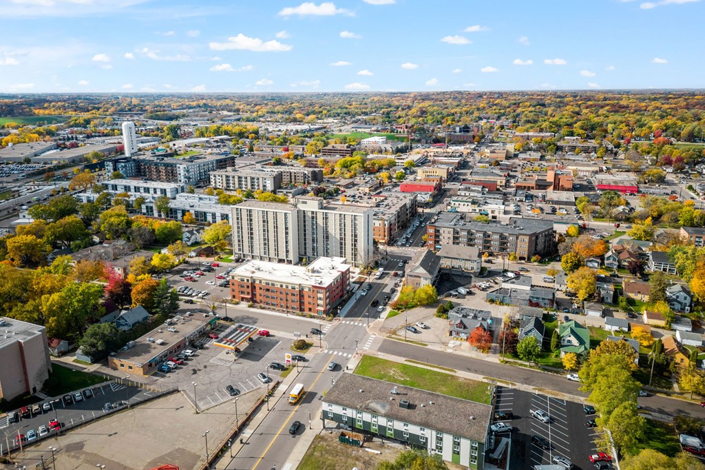an aerial view of a city in the fall