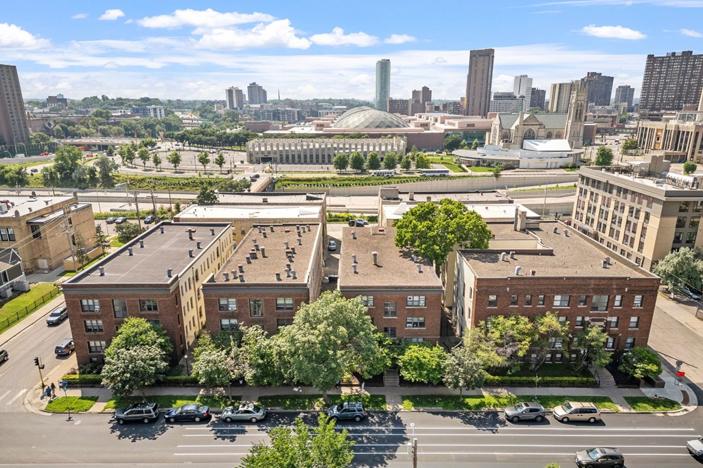 an aerial view of the city and campus