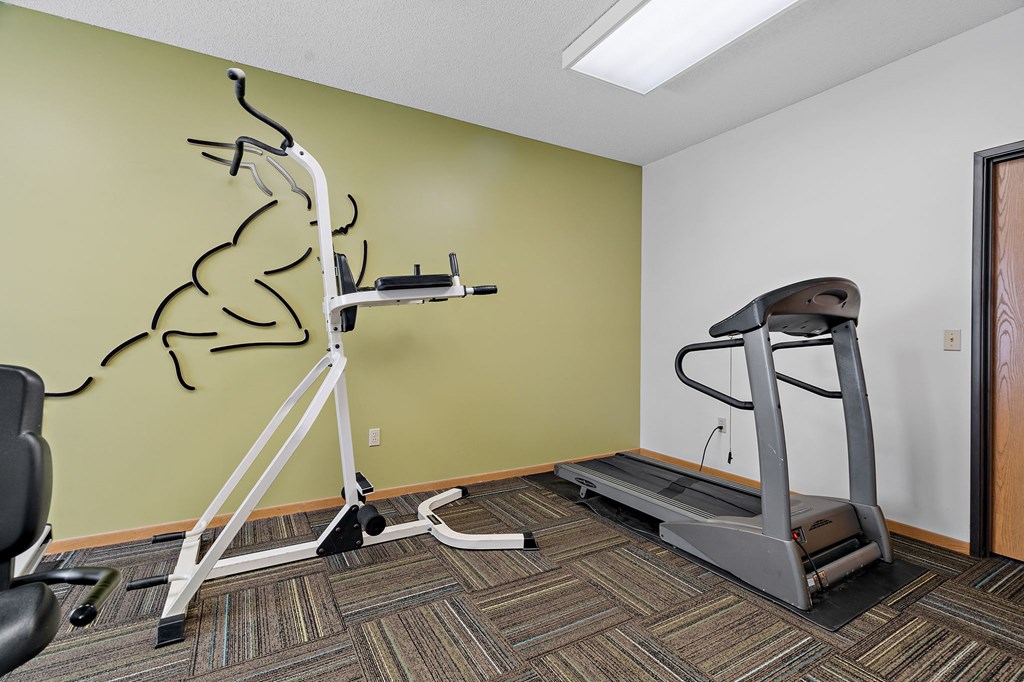 a fitness room with a treadmill and weights on a wall