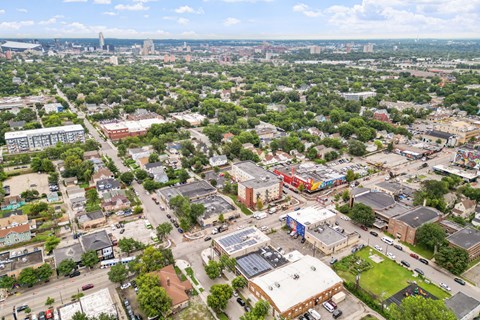 an aerial view of the city