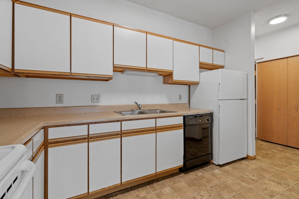 Photo of kitchen cabinets, sink, dishwasher and refrigerator