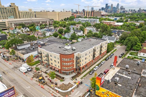 an aerial view of a building from a drone