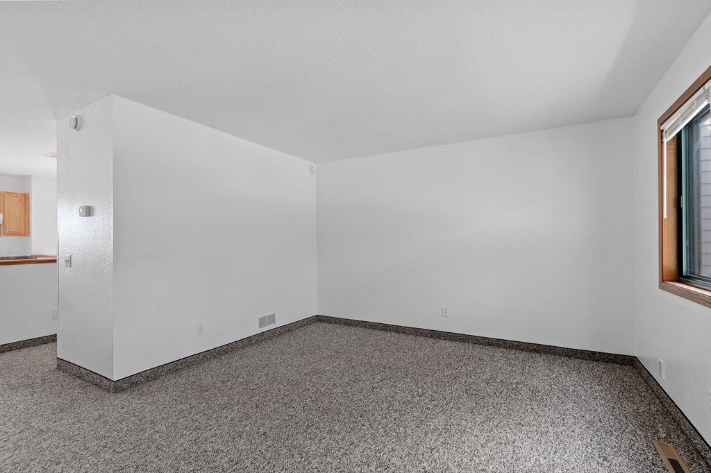 a room with white walls and carpet and a window