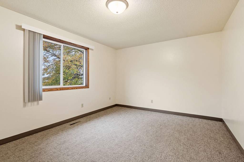A room with a carpeted floor and a window with a view of trees outside.
