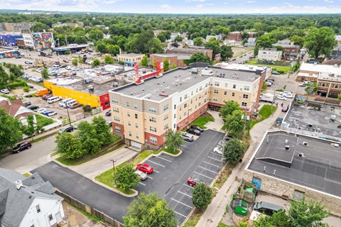 an aerial view of a building in the city