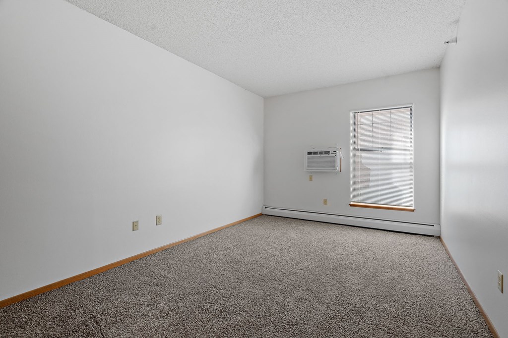 an empty room with carpet and a window