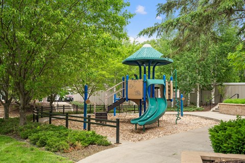 a playground with a blue playset and a slide