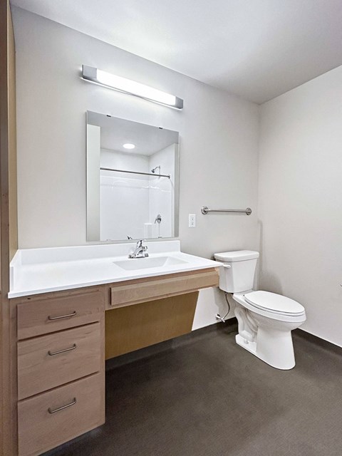 a bathroom with a sink toilet and a mirror