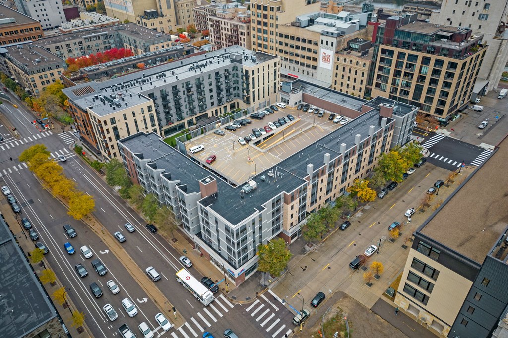 an aerial view of a large building in a city
