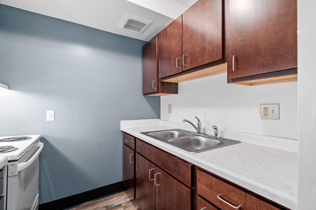 a kitchen with wooden cabinets and a sink and a stove