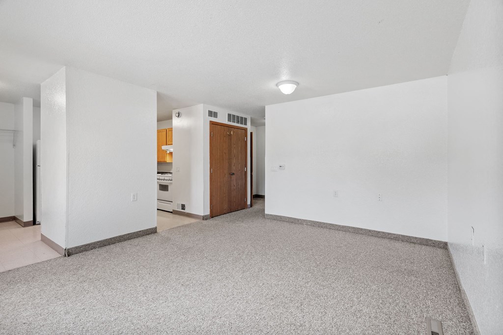 an empty living room with white walls and a carpeted floor