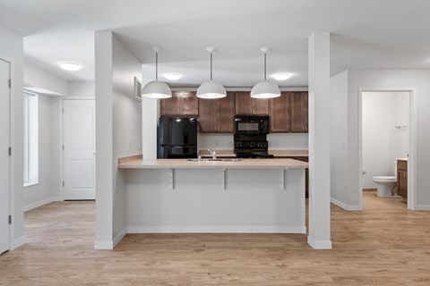 A kitchen with a countertop and cabinets is shown.