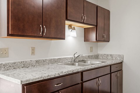 a kitchen with a sink and wooden cabinets