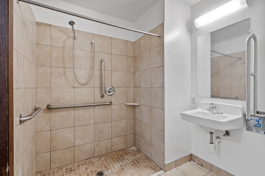 a bathroom with a shower and a sink and a mirror