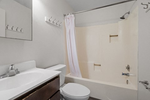a bathroom with a sink toilet and shower