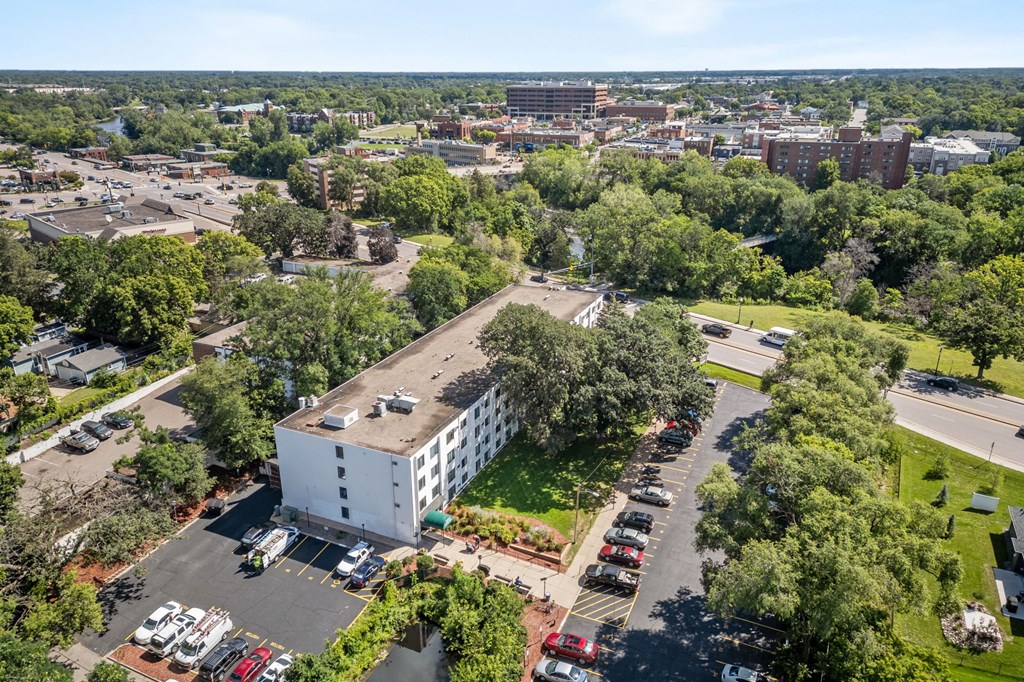 an aerial view of a building from a drone
