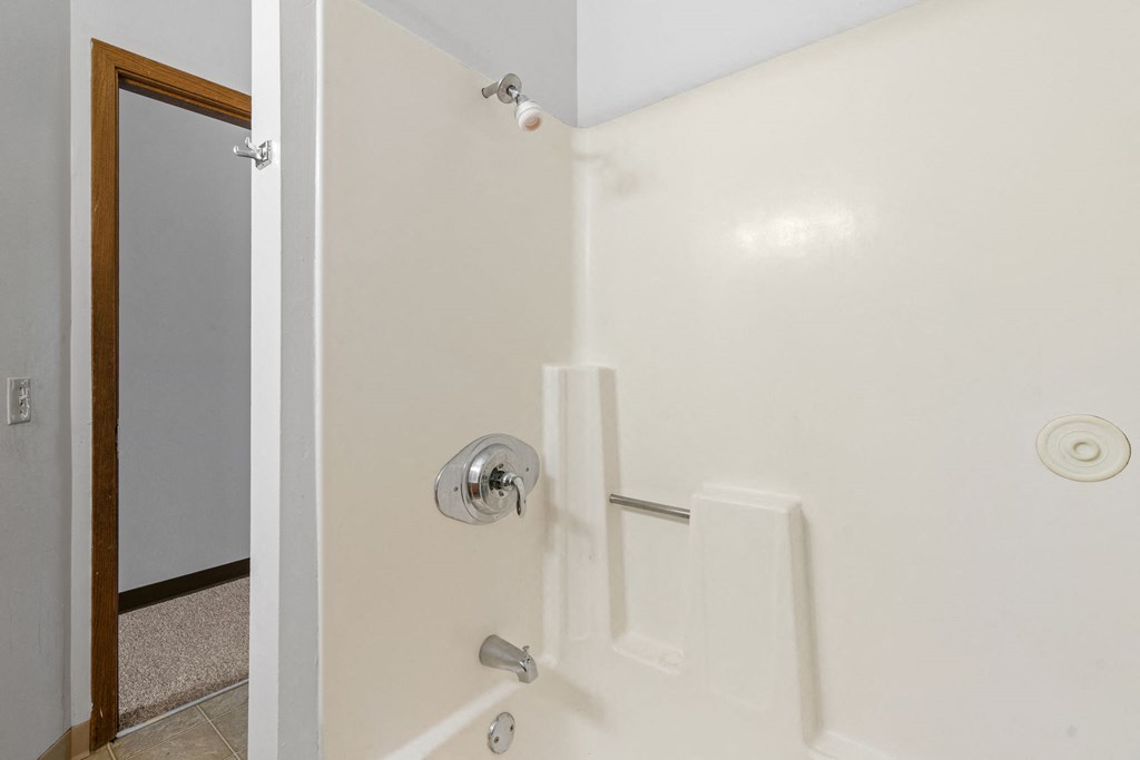 a white bathroom with a shower and a door