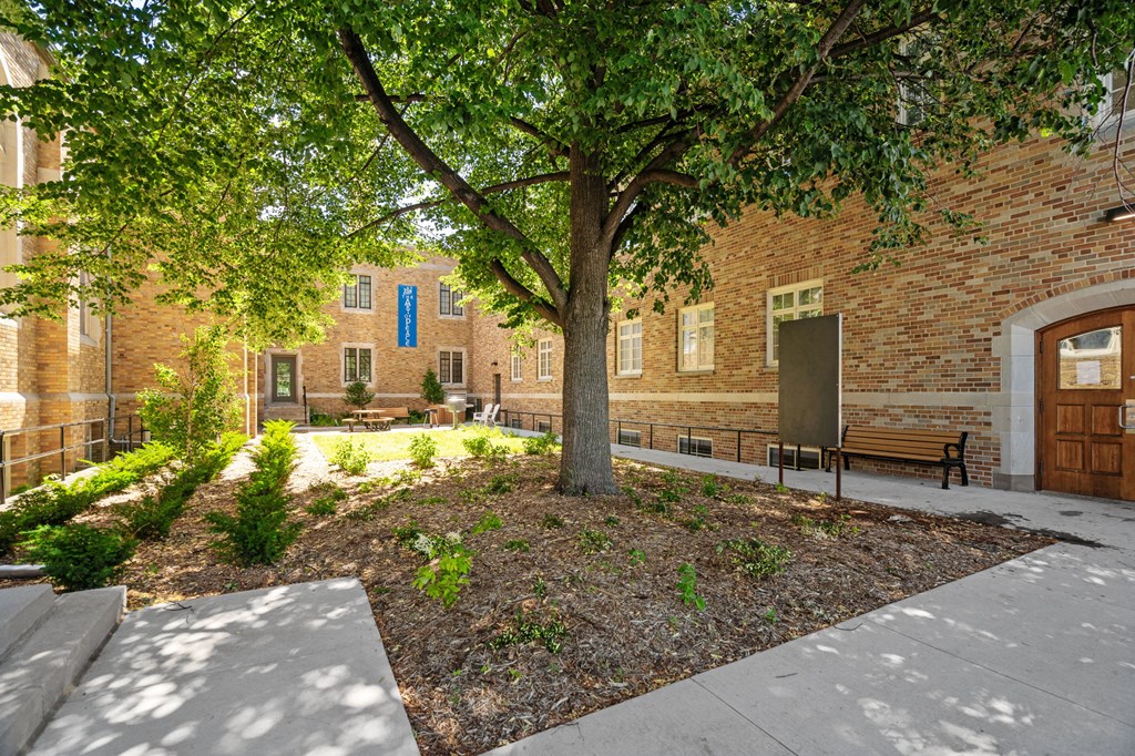 a courtyard with a tree and benches in front of a brick building