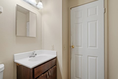 a bathroom with a sink and a mirror and a door