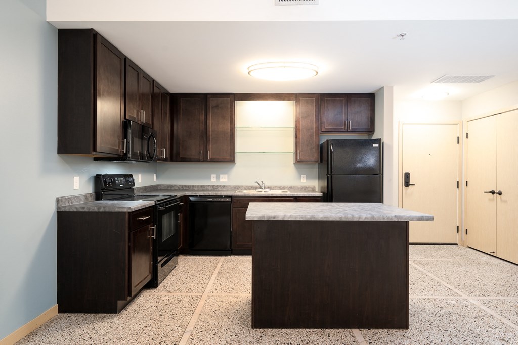 a kitchen with dark wood cabinets and granite counters and a black refrigerator