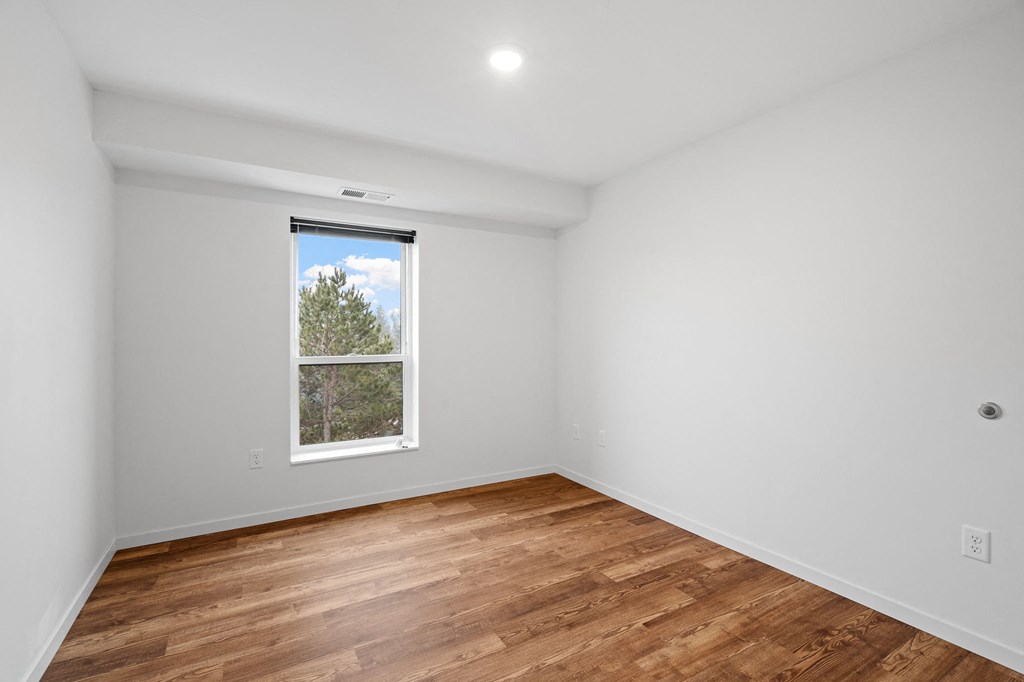 room with white walls and a window and wood floors
