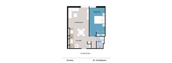 A floor plan of a one bedroom apartment named The Alma.