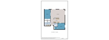 A floor plan of a room with a living area, kitchen, bathroom, and two bedrooms.