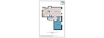 A floor plan of a unit at Hill Top Manor, showing a bedroom, bath, kitchen, dining/living area, and a reference room.