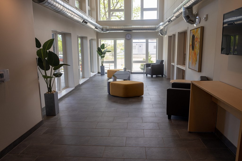 a large room with a lot of windows and couches