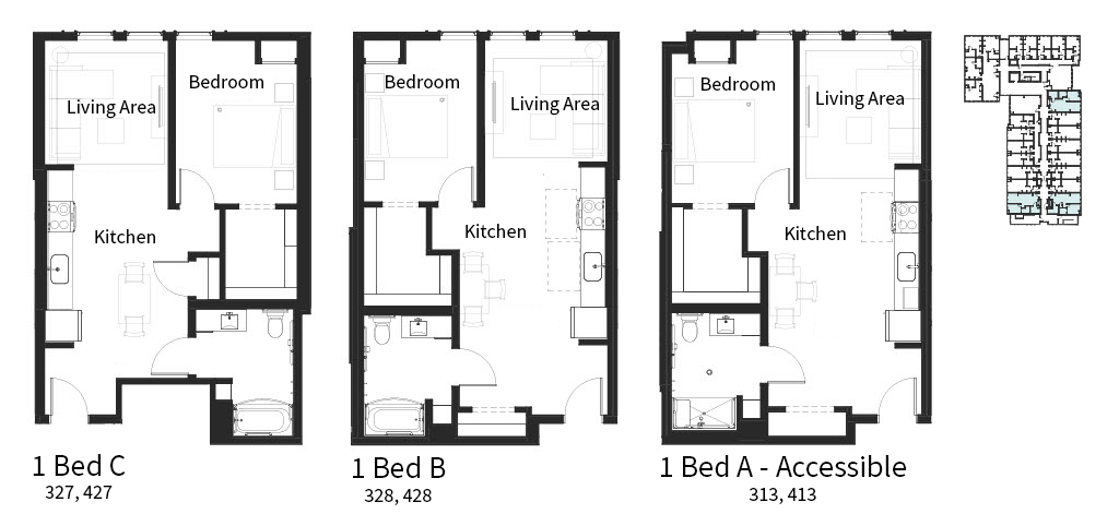 Three floor plans for 1 Bed C, 1 Bed B and 1 Bed A - Accessible.