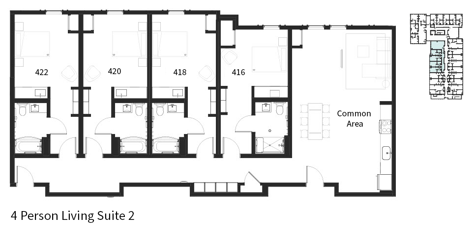 A floor plan of a 4 person living suite.