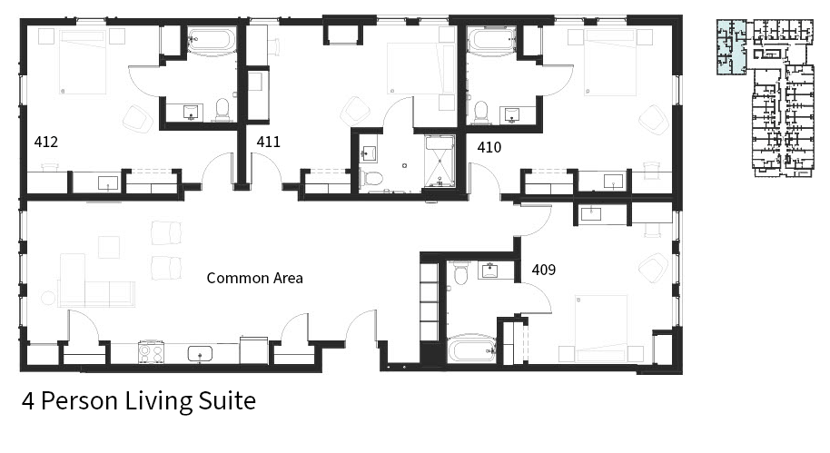 A black and white image of a 4 person living suite floor plan.