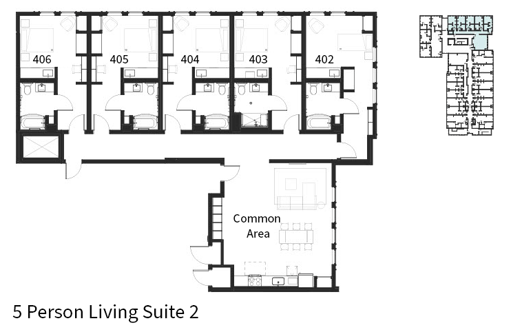 A floor plan of a 5 person living suite is shown.