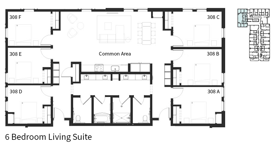 A black and white image of a 6 Bedroom Living Suite layout.