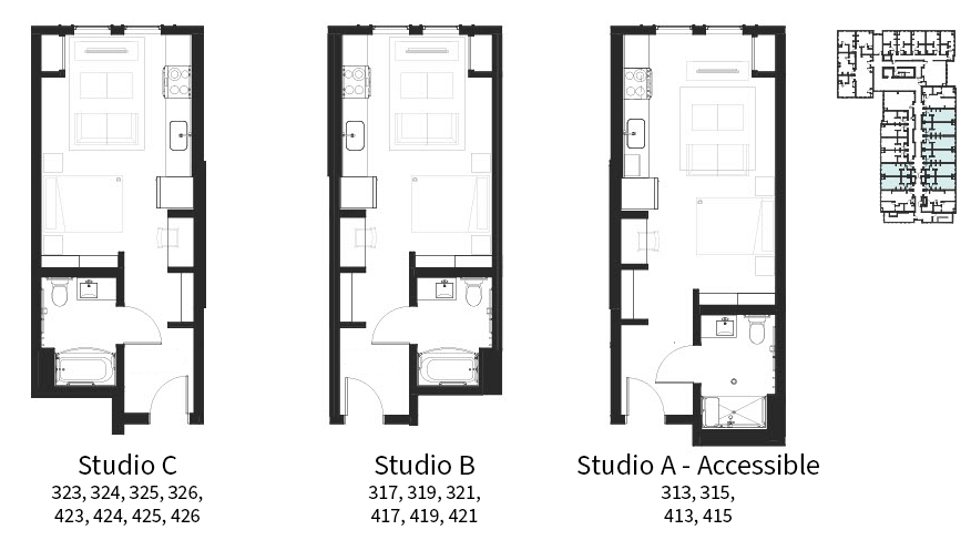 Three floor plans for three different studios are shown.
