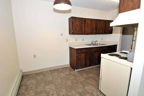 a kitchen with a stove and a sink